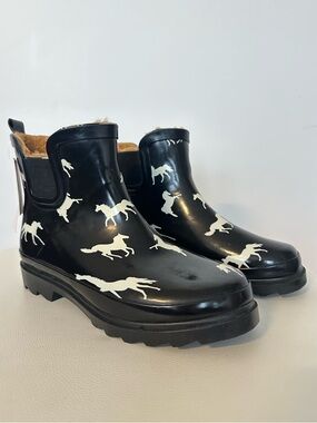 NWT Norty Equestrian Horse Rain Boots Fur Lined Black Glossy Sz 7